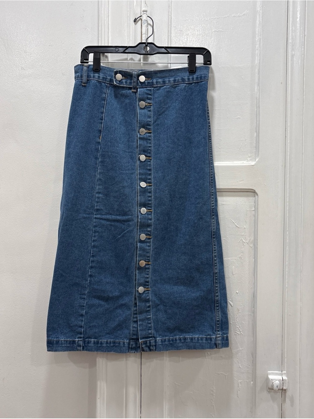 Women Casual Midi Denim Skirt Ladies Stretch Tab Waist Button Down Size M